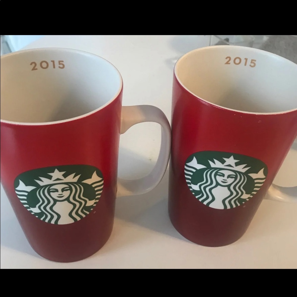 Lot of 2 Tall Red 2015 Starbucks mugs 16oz